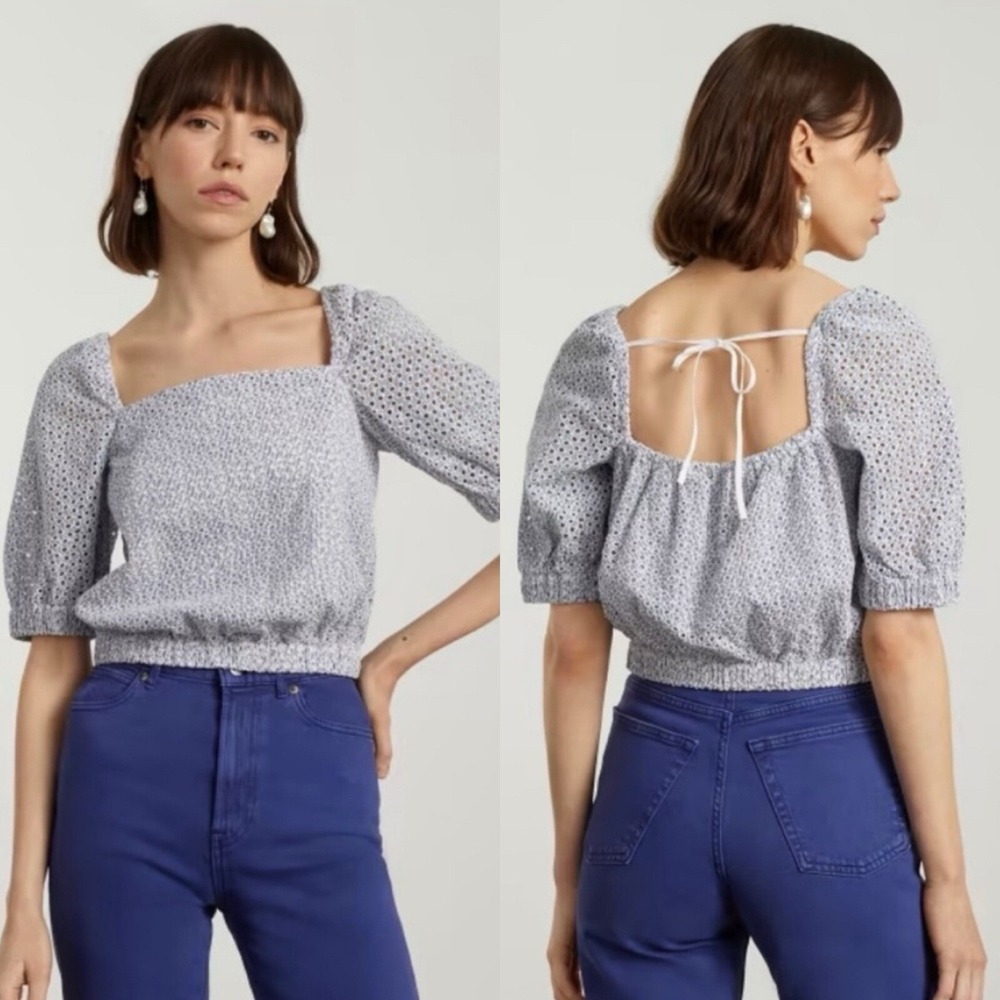 Everlane Eyelet Puff Sleeve Blue White Coastal Cottagecore Shirt Square Neck Med